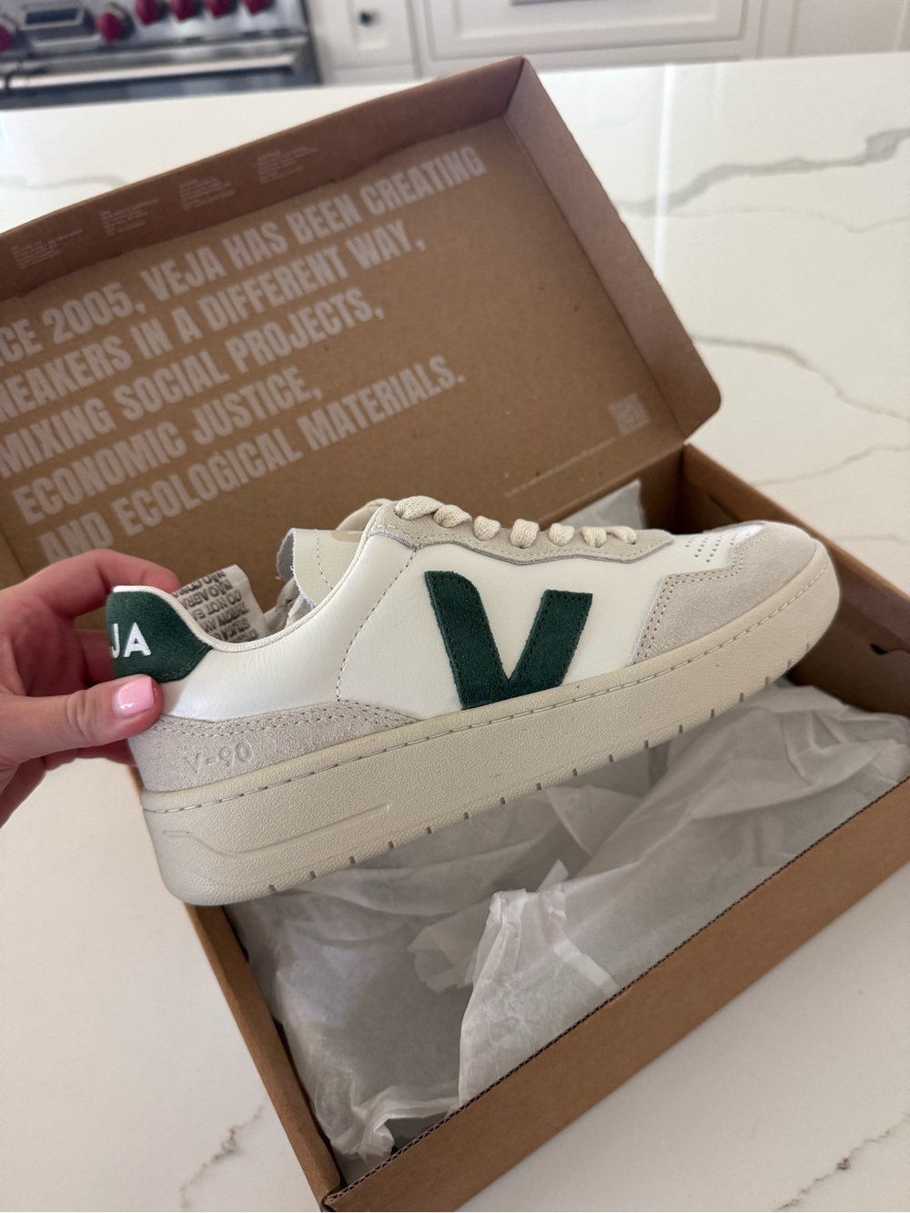 Veja V-90 Sneakers in White with Green. Never worn before, still in box